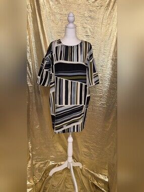 Striped Boxy Shift Dress in Black, Blue, Cream & Olive